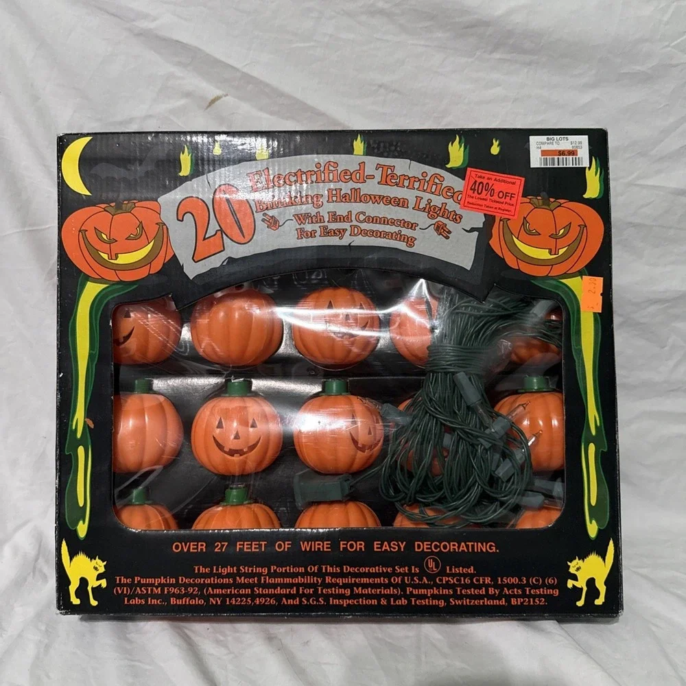 VTG Electrified Terrified Blinking Halloween Plastic Pumpkin Lights 20ct String